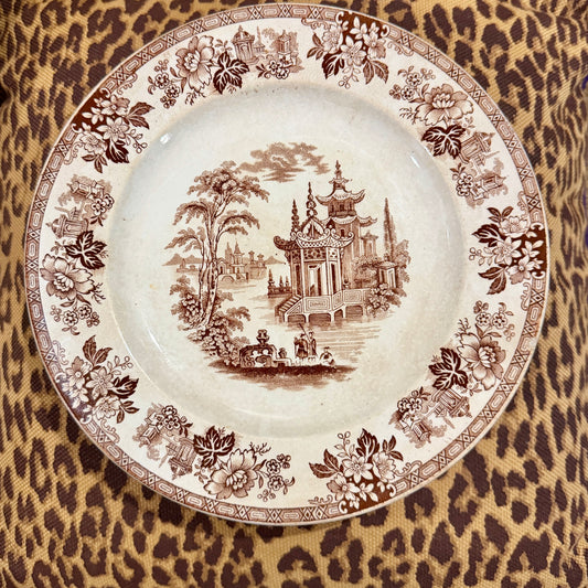Antique brown willow   Pagoda plate by Madras plate 9.75d  19c