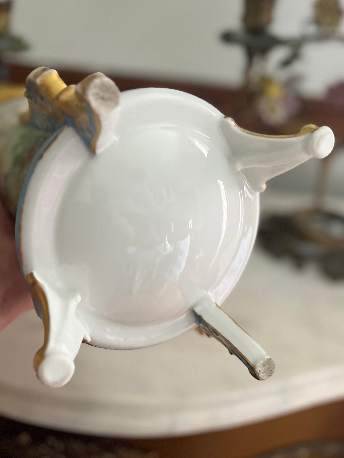 Antique French Paris Porcelain Tripod Vase, Bleu Céleste, Hand-Painted Maiden & Cupid, c. 1870