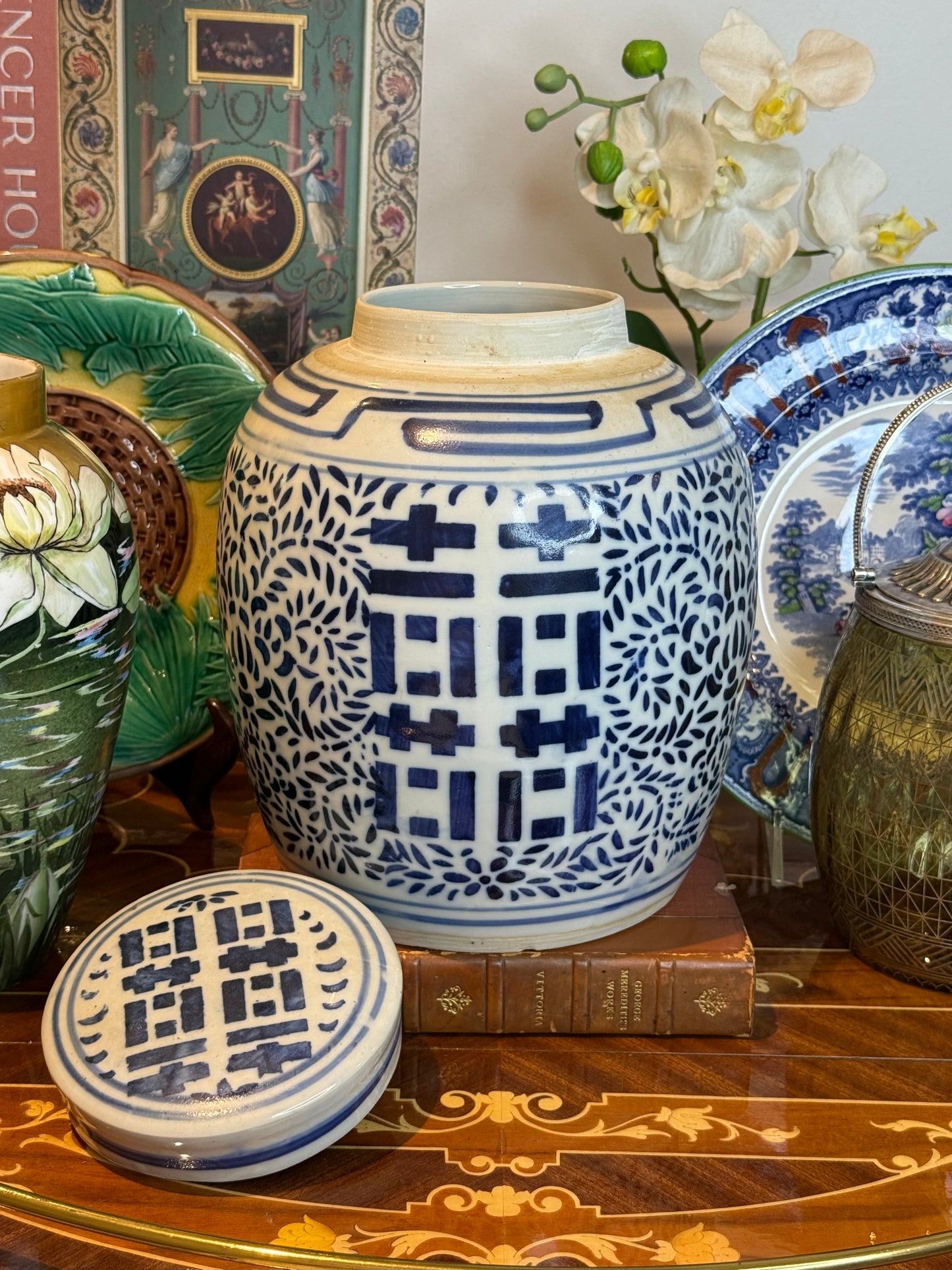Vintage Blue & White Double Happiness Ginger Jar with Lid 9.5” Tall Chinese Porcelain