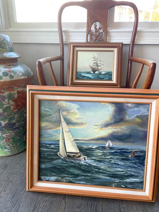 Original Signed Oil on Canvas Painting of Sailboats in an Ominous Sky - Gorgeous!