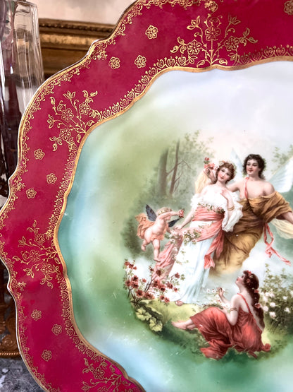 Large Raspberry Scalloped Edge Ethereal Wall Plate With Cherubs Austrian 12 1/2”