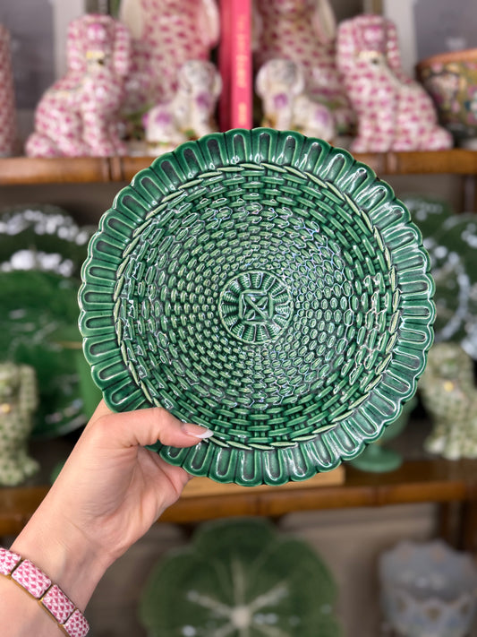 Vintage Green Majolica Basketweave Plate, Scalloped Edge, 8.75” Diameter