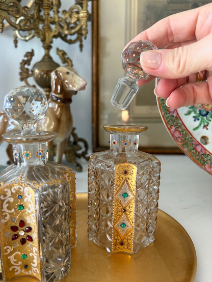 Bohemian Cut Glass Perfume Bottles with Gilt Enameling & Jeweled Cabochons (Sold Individually or as Pair)