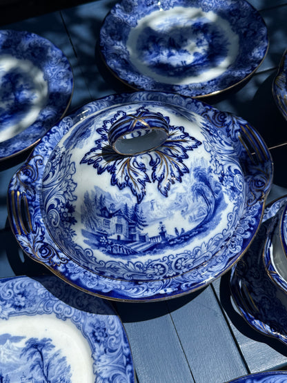 Antique c.1891–1902 Royal Doulton Geneva Blue Transferware Dinner Service | 23-Piece English Set