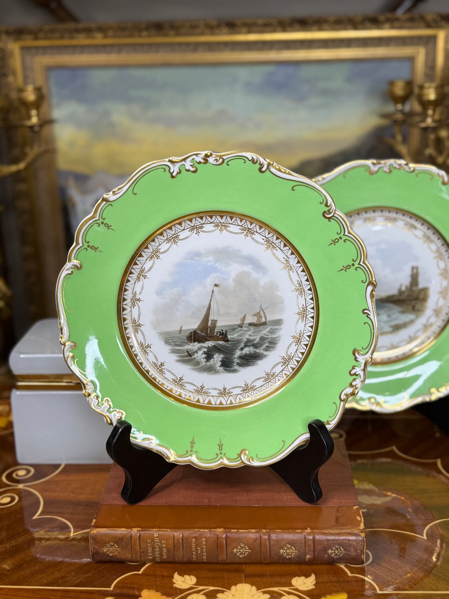 Pair of Ridgway Seascape Plates, c. 1870 | Green-Ground with Gilt, 9” Diameter