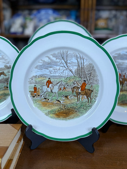 Vintage Spode “The Hunt” J.F. Herring Sr. Equestrian Hunting Plates, Set of 4, Green Trim, Scalloped Edge, England, 10” D | #DA4593