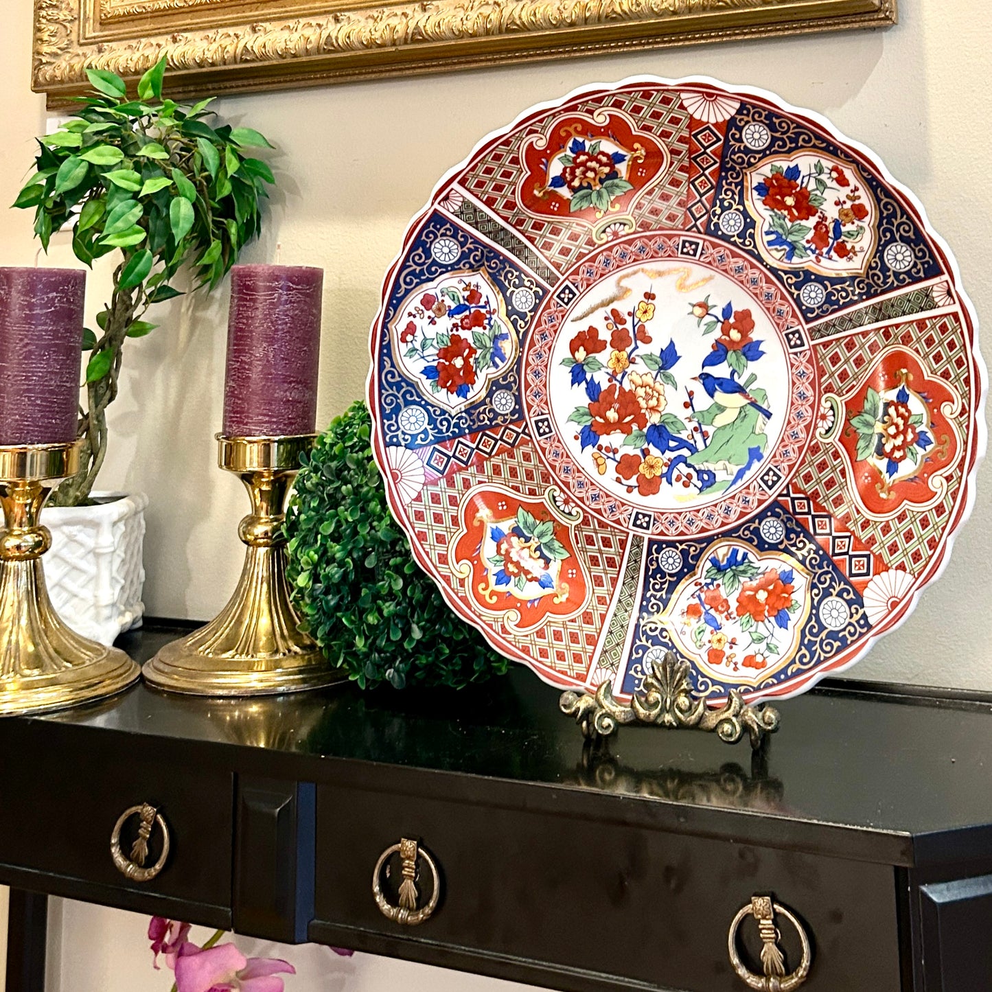 Gorgeous chinoiserie Imari style scalloped massive 16 in platter