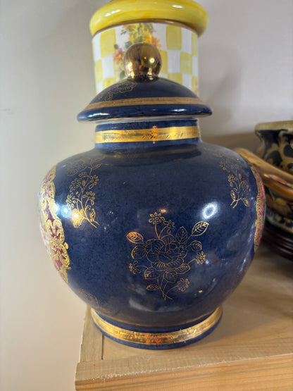 Cobalt lidded jar featuring ship scenes and gold details!