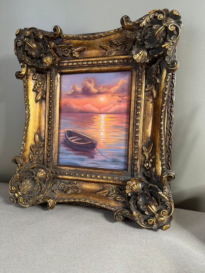 Original artwork seascape in vintage ornate frame