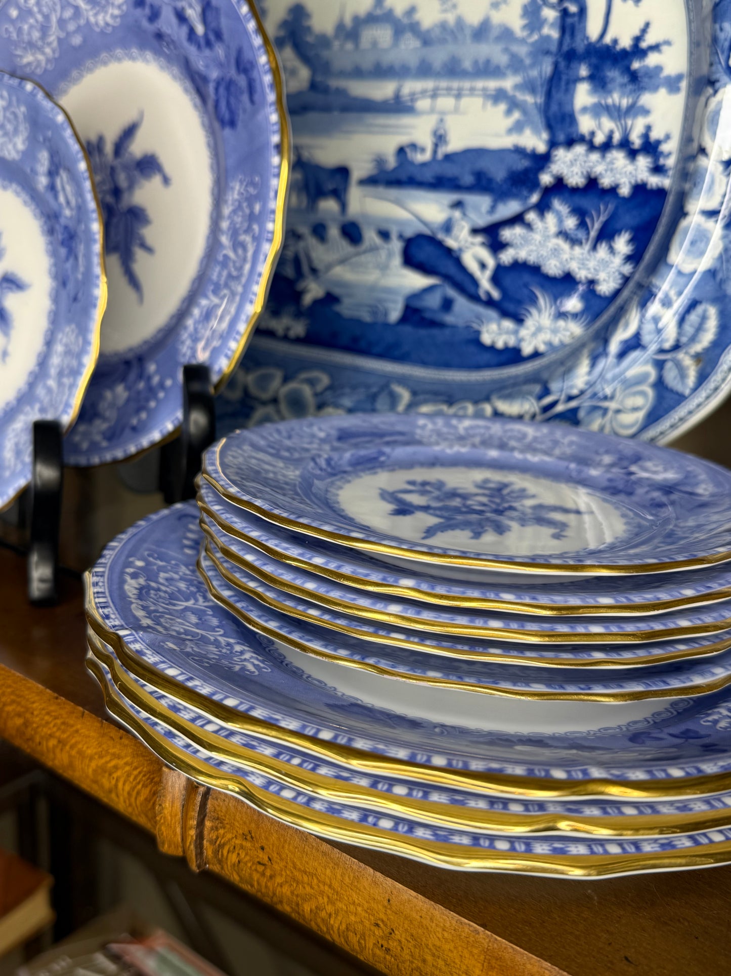 RESERVED - RARE Spode “Camilla” Bone China Blue & White Dinnerware Set – Scalloped Edge with Gilt Trim, Copeland’s China (10 Pieces)