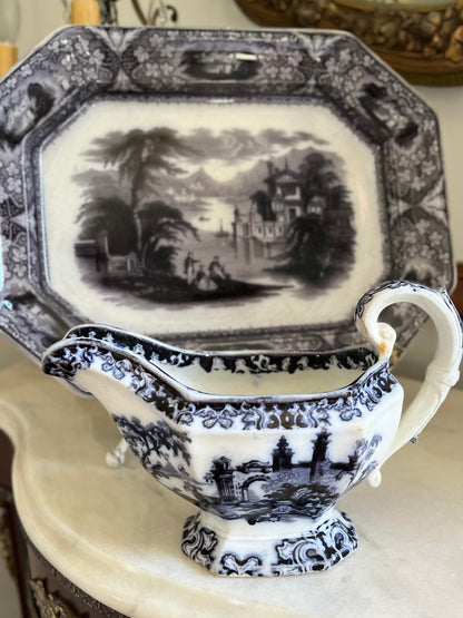 Reserved Live 03/24 Romantic “Athens” Mulberry Transferware Gravy Boat by Charles Meigh – Early Victorian Stoke-on-Trent c.1840s Classical Ruins