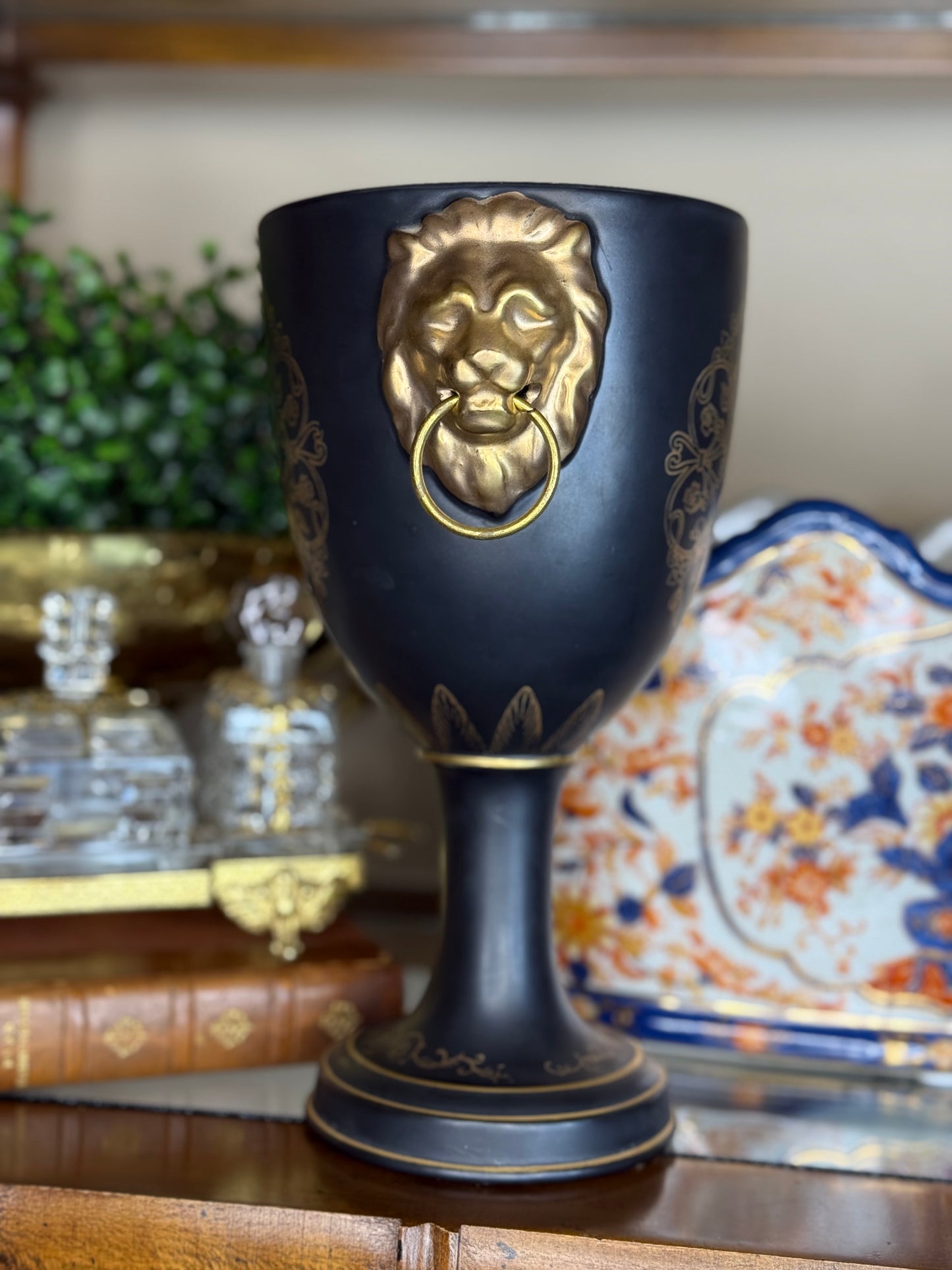 Vintage Black & Gold Trophy Vase with Lion Head Handles, 10” Tall