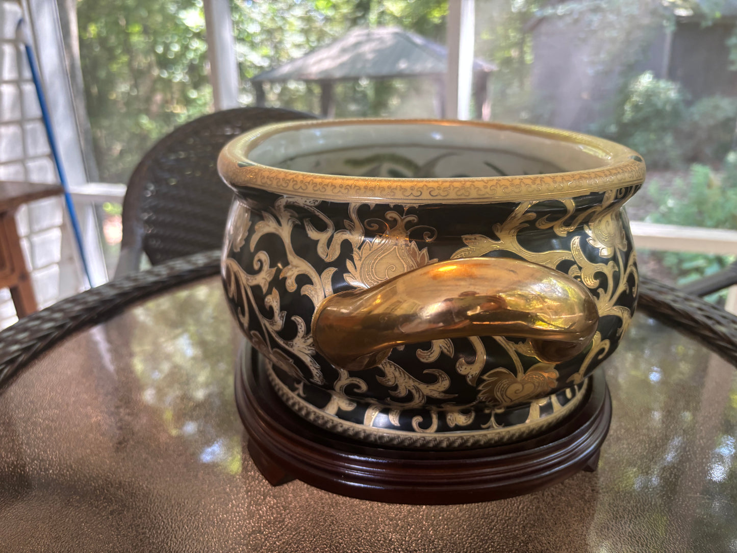 Stunning 18” Handpainted black and gold footbath  planter on stand!