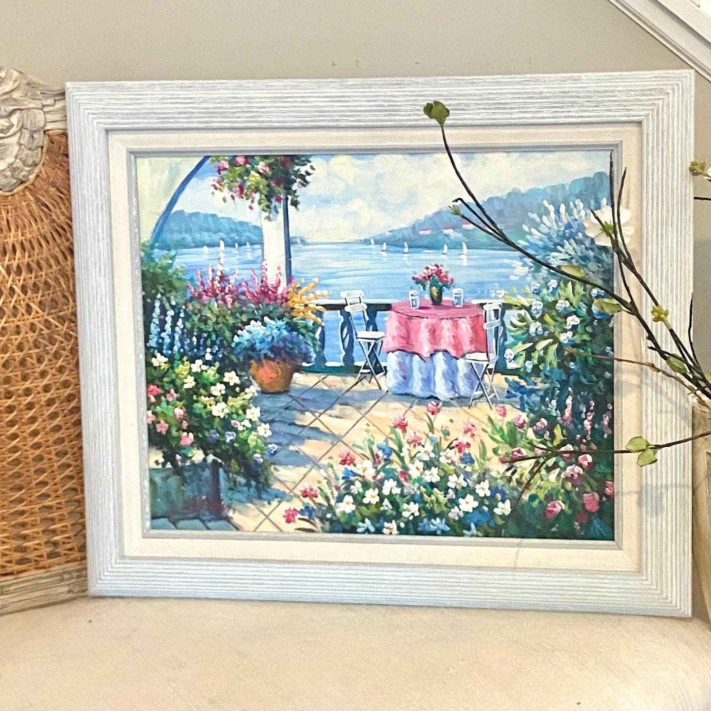 Vintage waterfront view oil painting signed by artist Lindey.