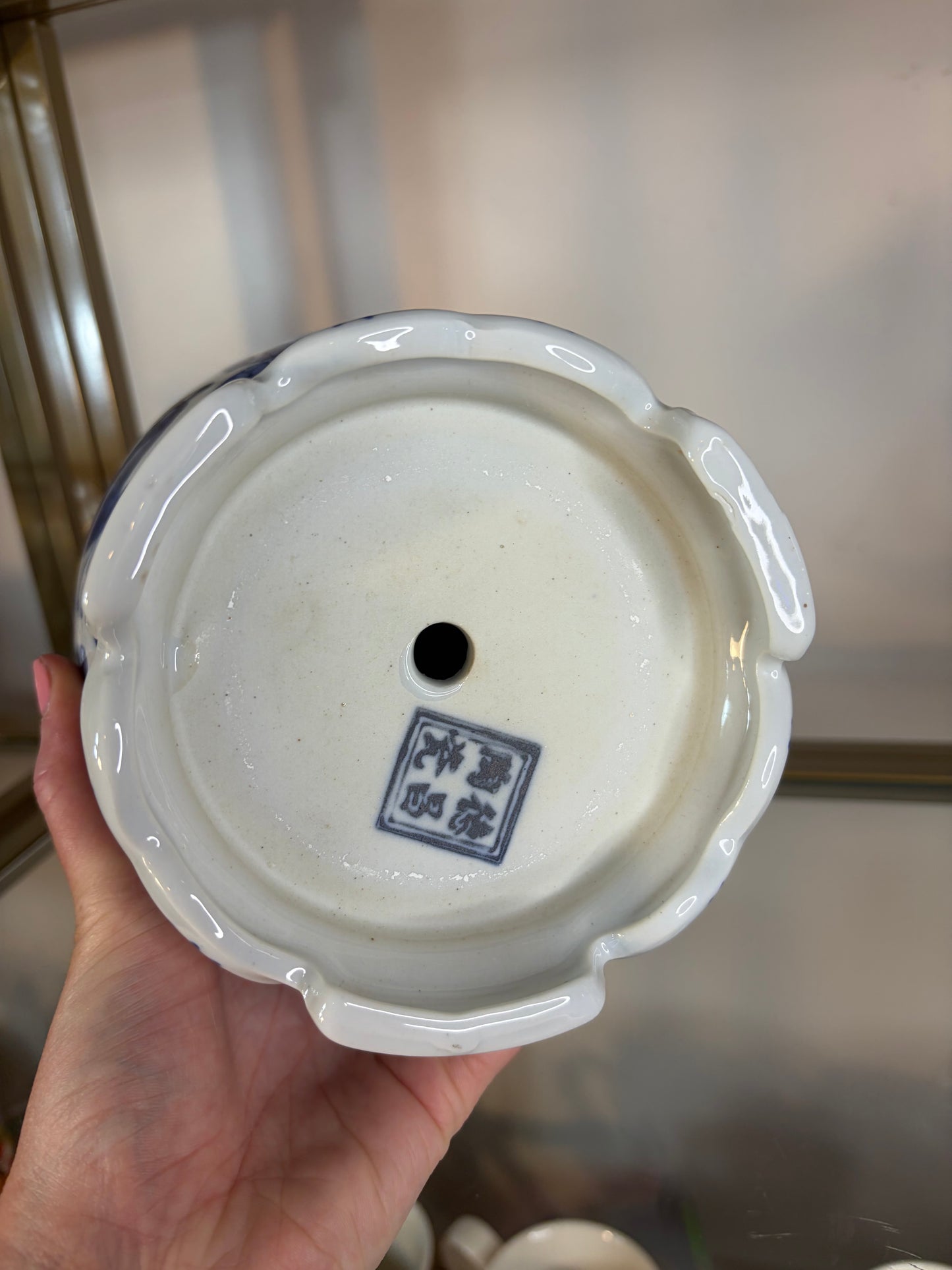 Chinoiserie blue and white floral egg with butterflies on attached stand!