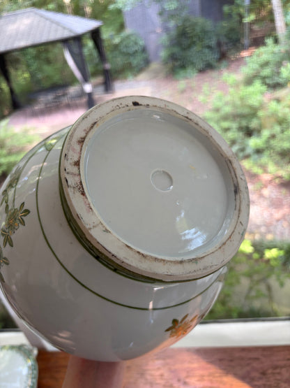 Stunning green, gold, and white vase featuring birds!