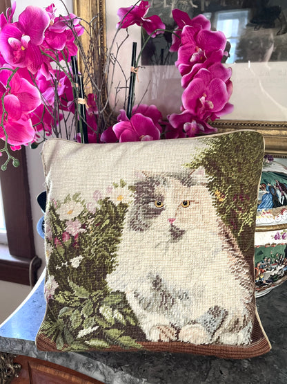 Lovely Large Vintage Needlepoint Cat Pillow - Zippered - Includes Insert