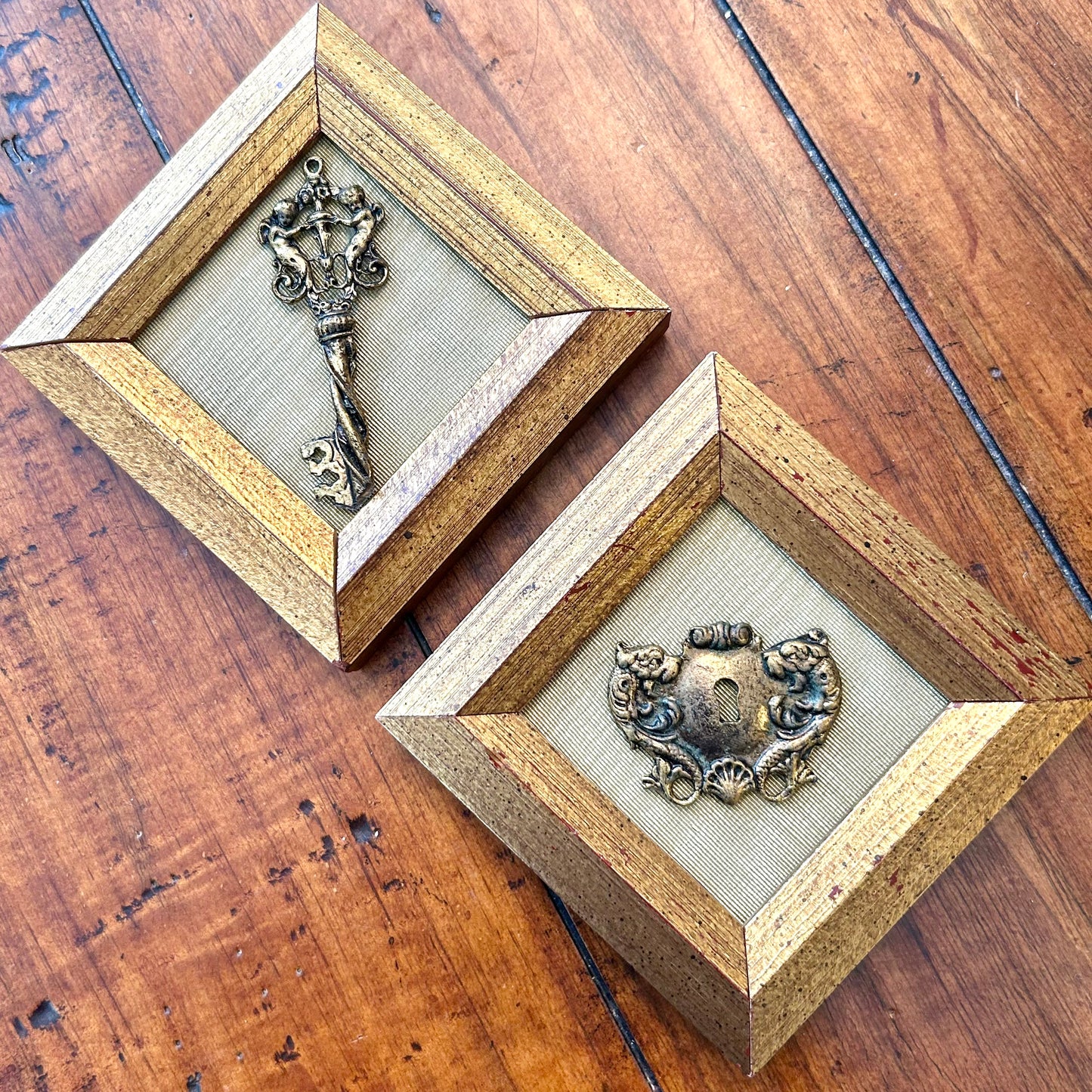 Set of two bold gold gothic lock and key frames art