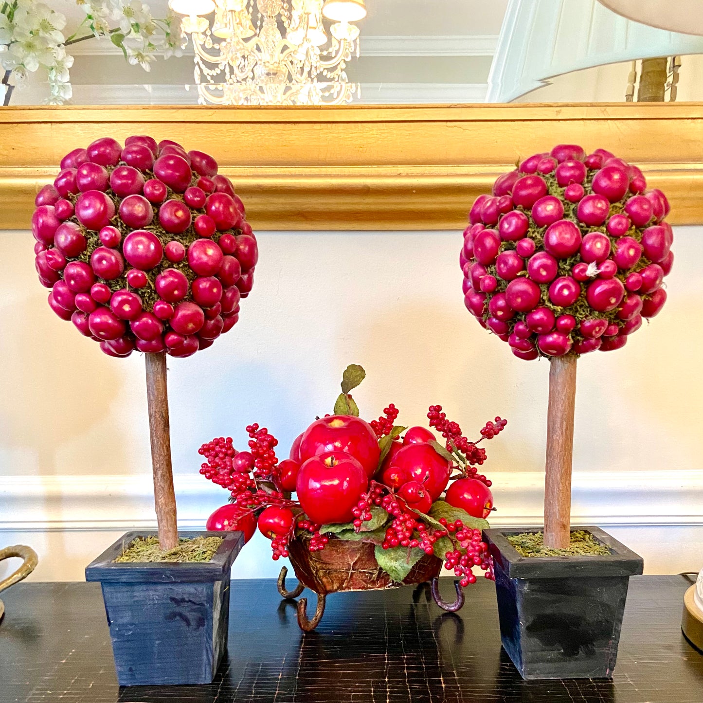 Pair of rich red autumn apple & holiday Faux Topiaries mantle piece decor