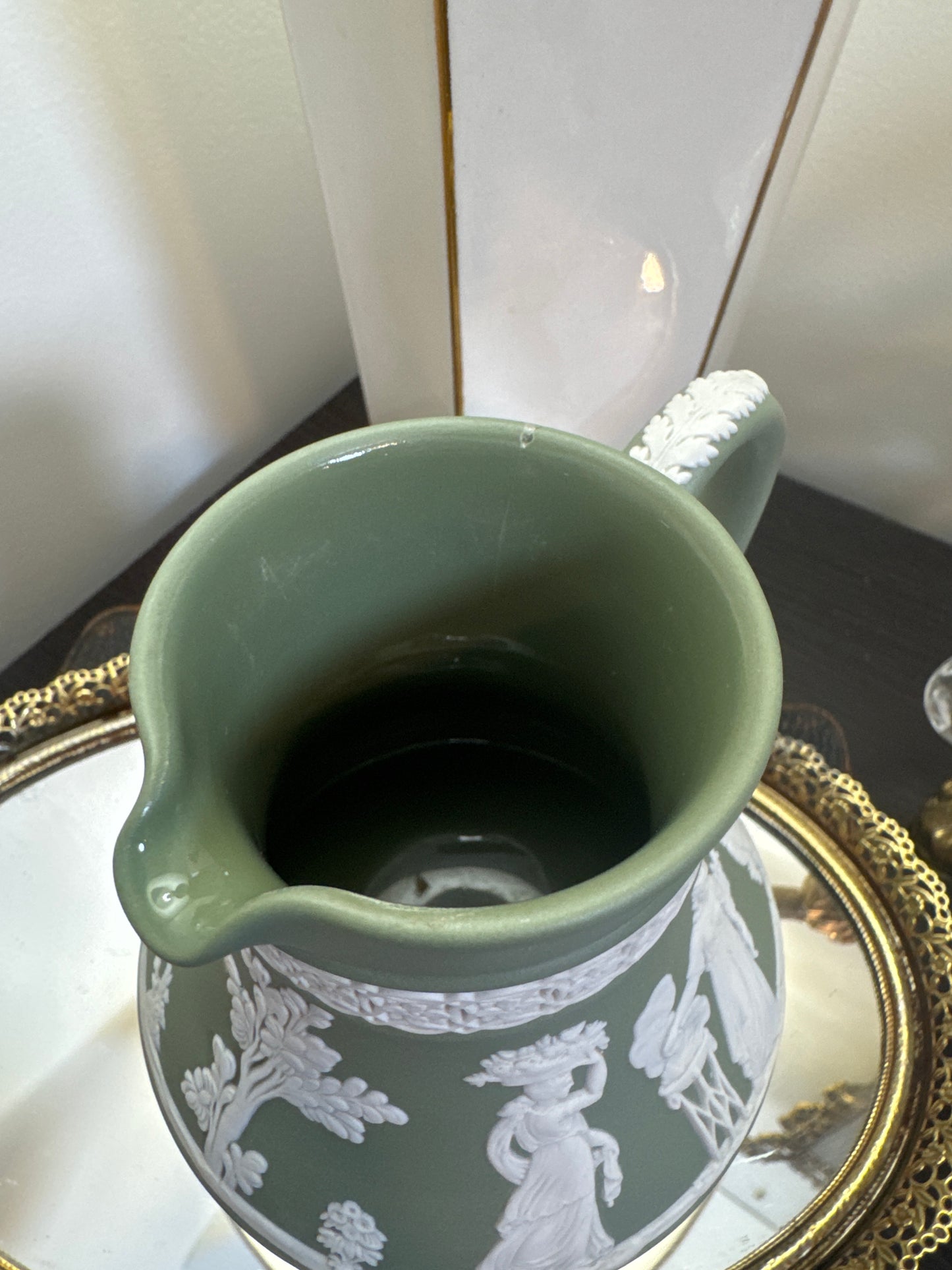Wedgwood sage green white 5” tall has repair