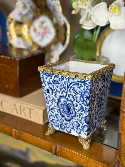 Danny’s Fine Porcelain: Blue & White Floral Square Porcelain Cachepot with Bronze Ormolu Trim & Feet: 5” L x 5” W x 6.5” H