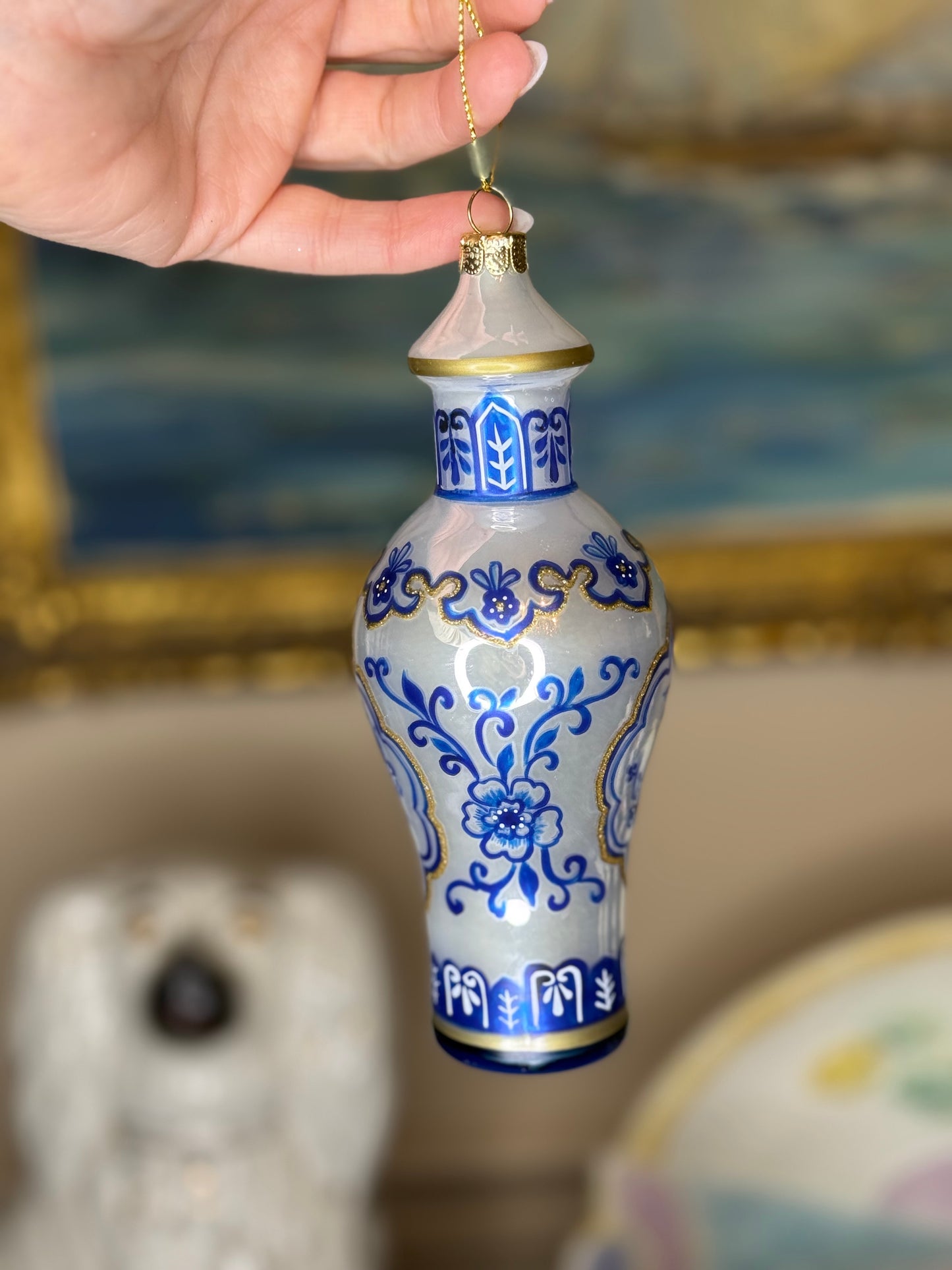 Blue & White Chinoiserie Glass Vase Christmas Ornament | Holiday Tree Decor | Style 1