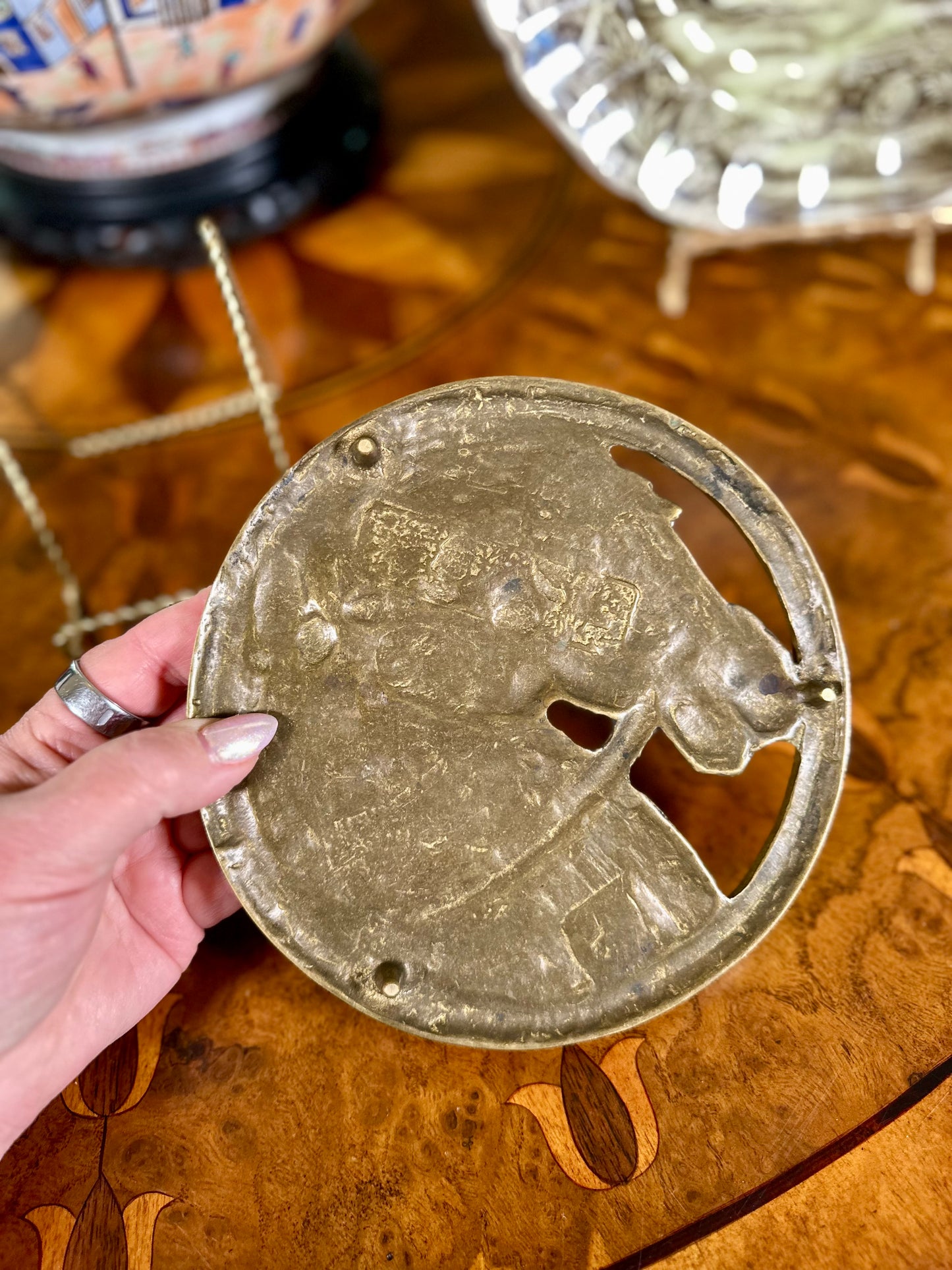 Vintage Cast Brass Equestrian Horse Head Trivet, 6.5”