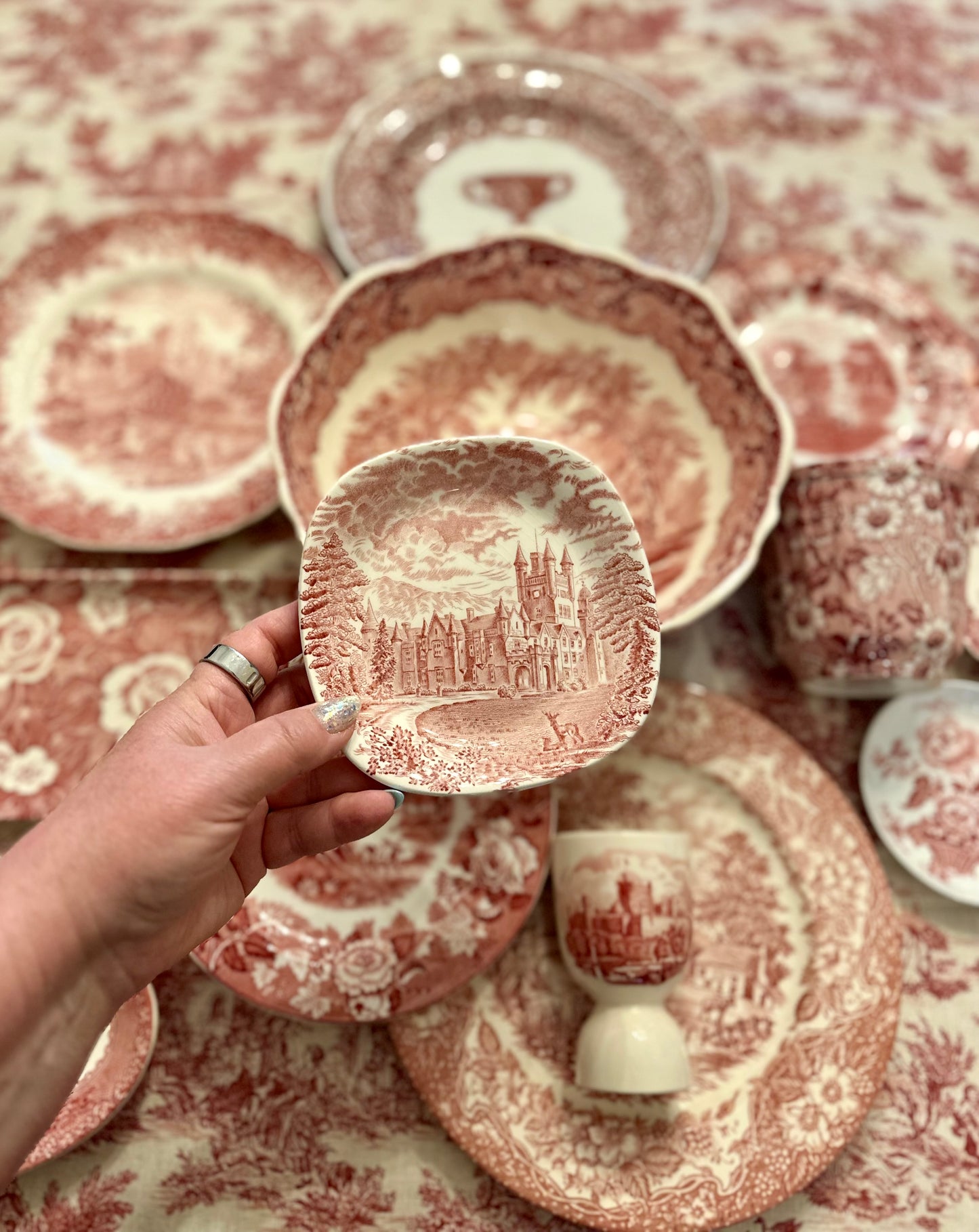 Enoch Wedgwood “Royal Homes of Britain” Pink Transferware Square Bread Plate | England, 5.25”