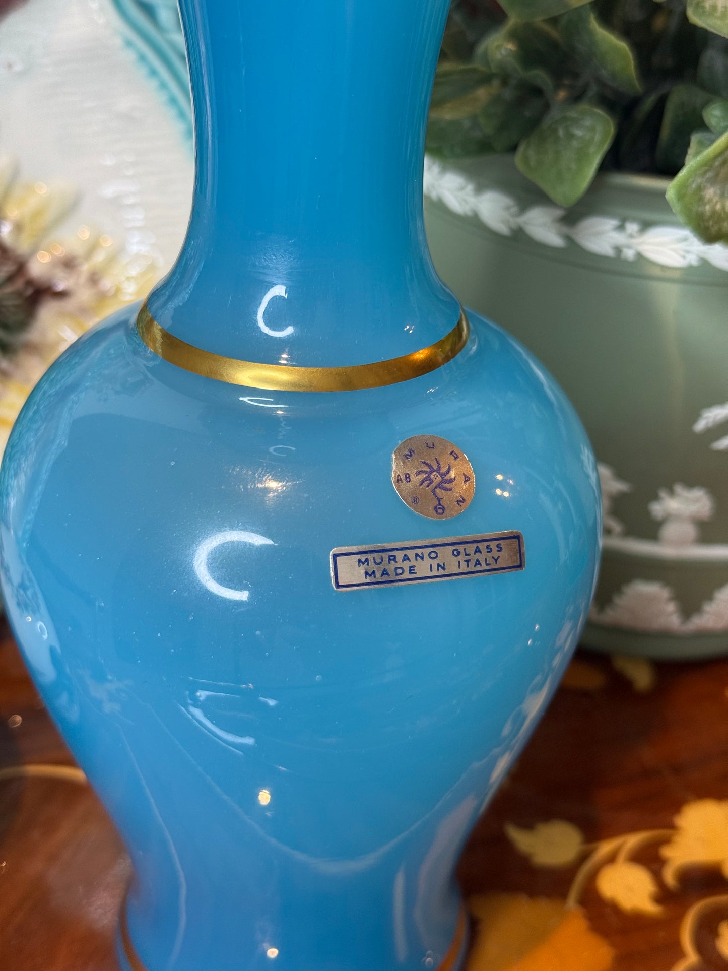 Vintage Murano Cenedese Turquoise Blue Opaline Glass Vase with Gold Trim | 10” Tall