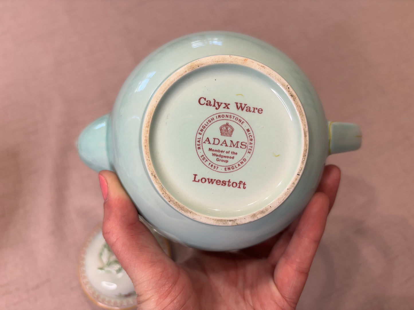 Antique Adams Calyx Ware teapot in the Lowestoft pattern featuring a mint green or duck egg blue color with floral patterns! As is!