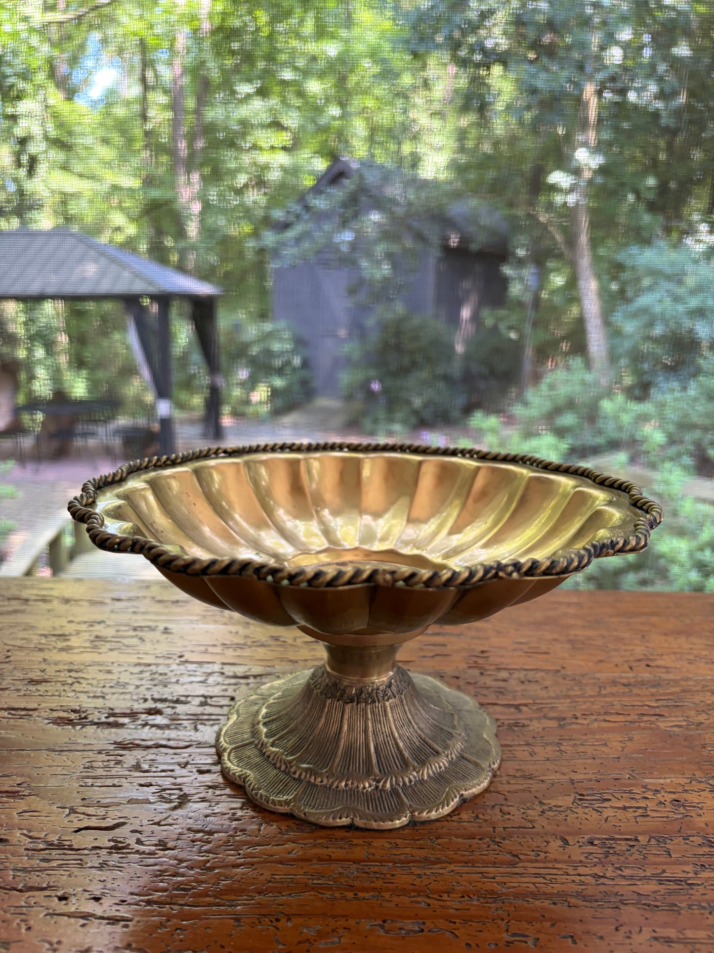 Beautiful brass scalloped pedestal bowl with rope design and intricate base!