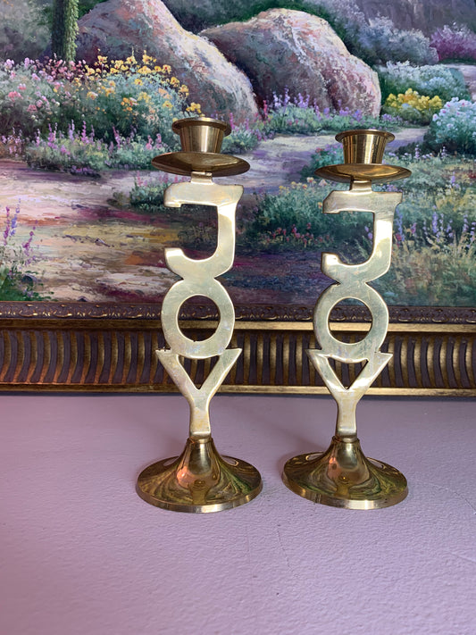 Joy brass candleholders pair (2)- Excellent condition!