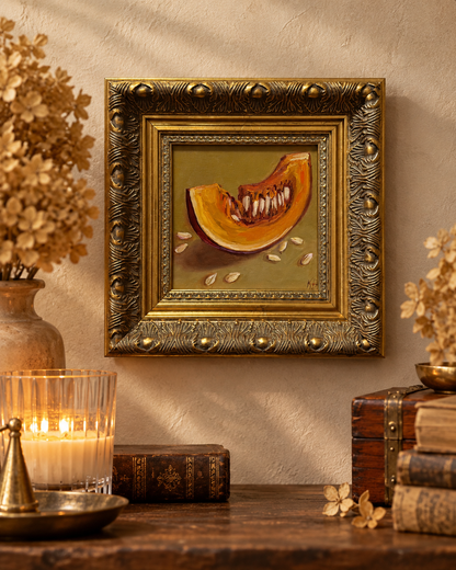 Original Pumpkin Slice Oil Painting in Ornate Gold Frame – 9.5 × 9.5 Inches