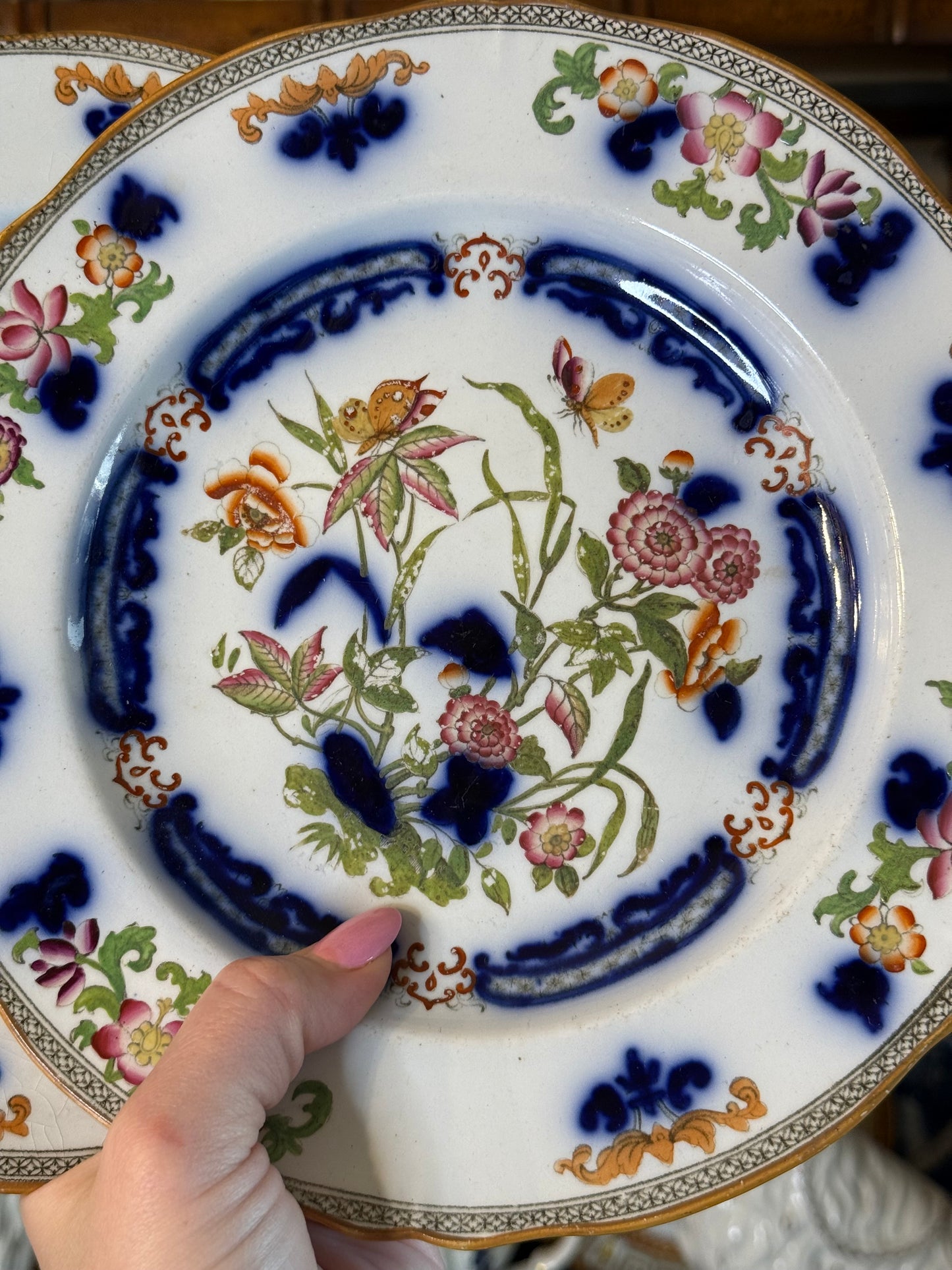 Antique English Porcelain Imari Botanical Dessert Plates | Pair | Hand-Painted Gilt | c. 1835–1855 | Pattern No. 6856