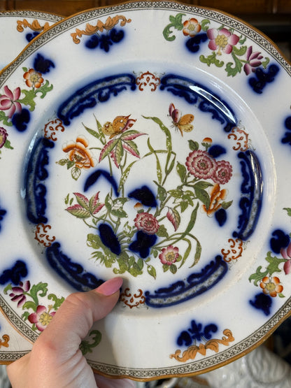 Antique English Porcelain Imari Botanical Dessert Plates | Pair | Hand-Painted Gilt | c. 1835–1855 | Pattern No. 6856