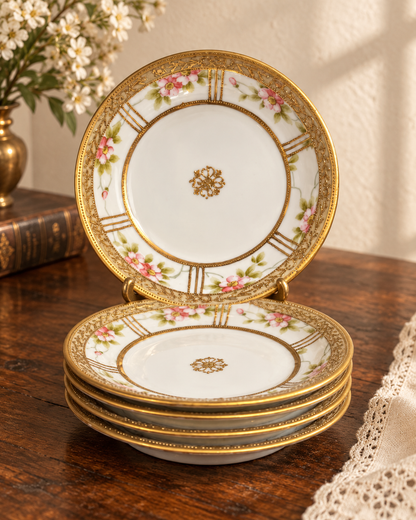 Hand-Painted Nippon Floral Plates with Ornate Gold Details — Set of Five