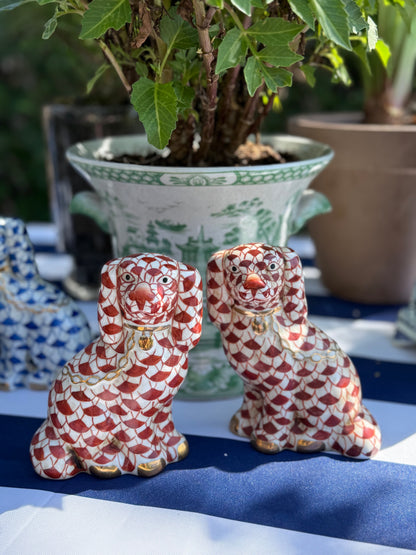 Danny’s Fine Porcelain Fishnet Blue & Rust Spaniel Dog Figure Pair W/ Gold Accent (2 colors to choose) 5.5”H X 9Lx2W