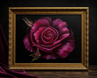 Original Oil Painting – Fuchsia Rose Still Life by Kateryna | Framed Original Canvas | 28” x 22”