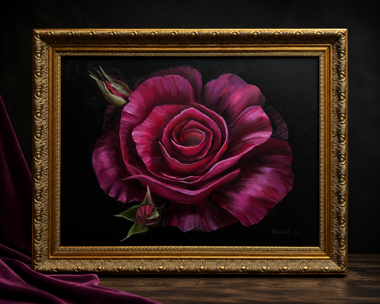 Original Oil Painting – Fuchsia Rose Still Life by Kateryna | Framed Original Canvas | 28” x 22”