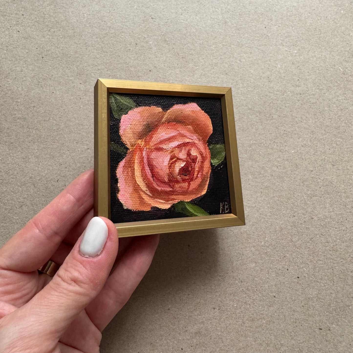 Mini art peachy rose original oil paintings on stretched canvas 3x3”