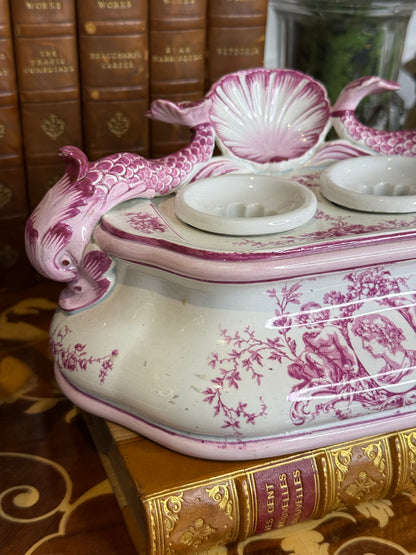 Antique French Pink Transferware Gien Faience Double Inkwell Stand with Dolphin Handles & Shell Pen Tray, c. 1875–1900, 8”W x 4”D x 5”H