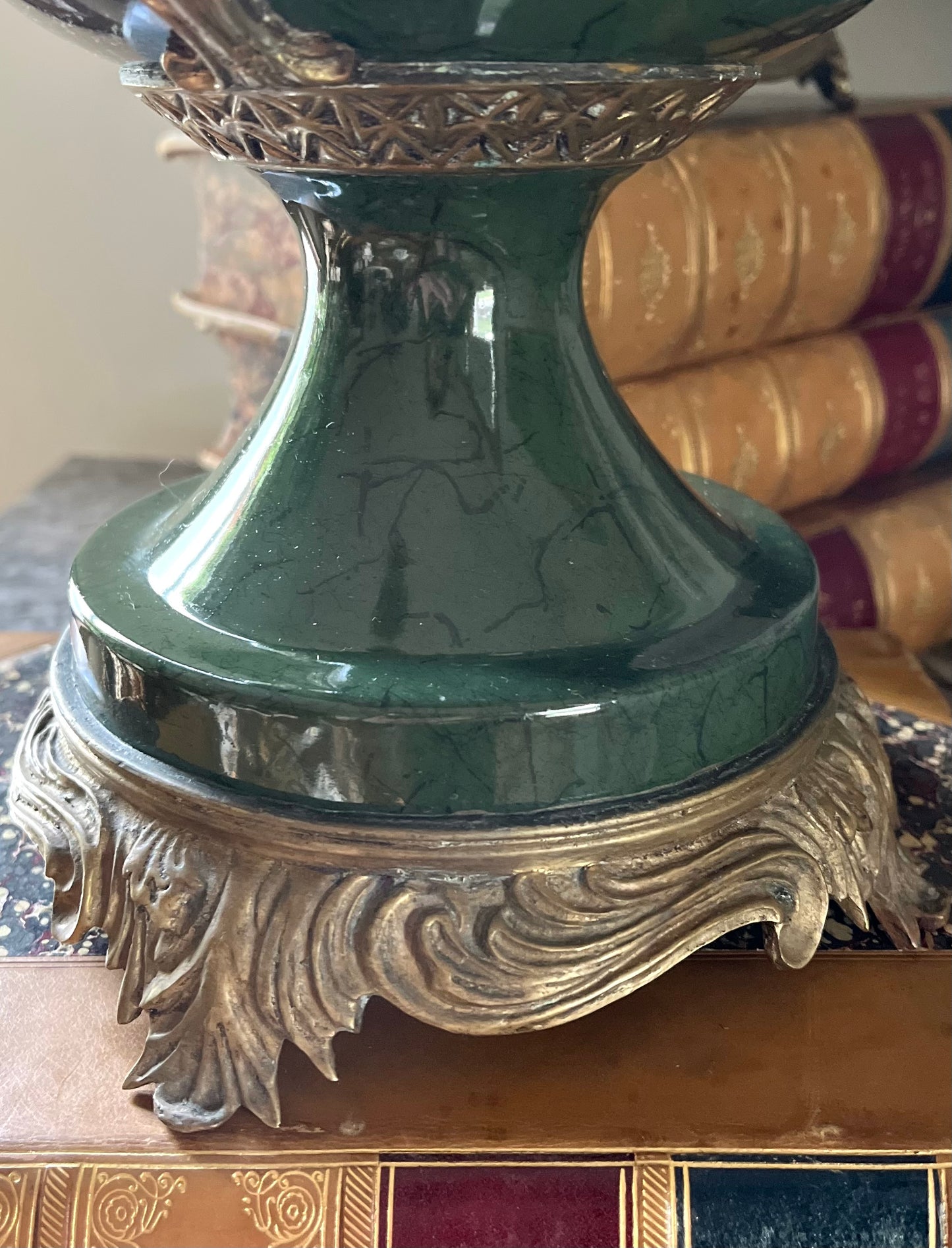 Grand Pair of French Empire Style Bronze-Mounted Urns in Antique Moss Green/Light Marbelization