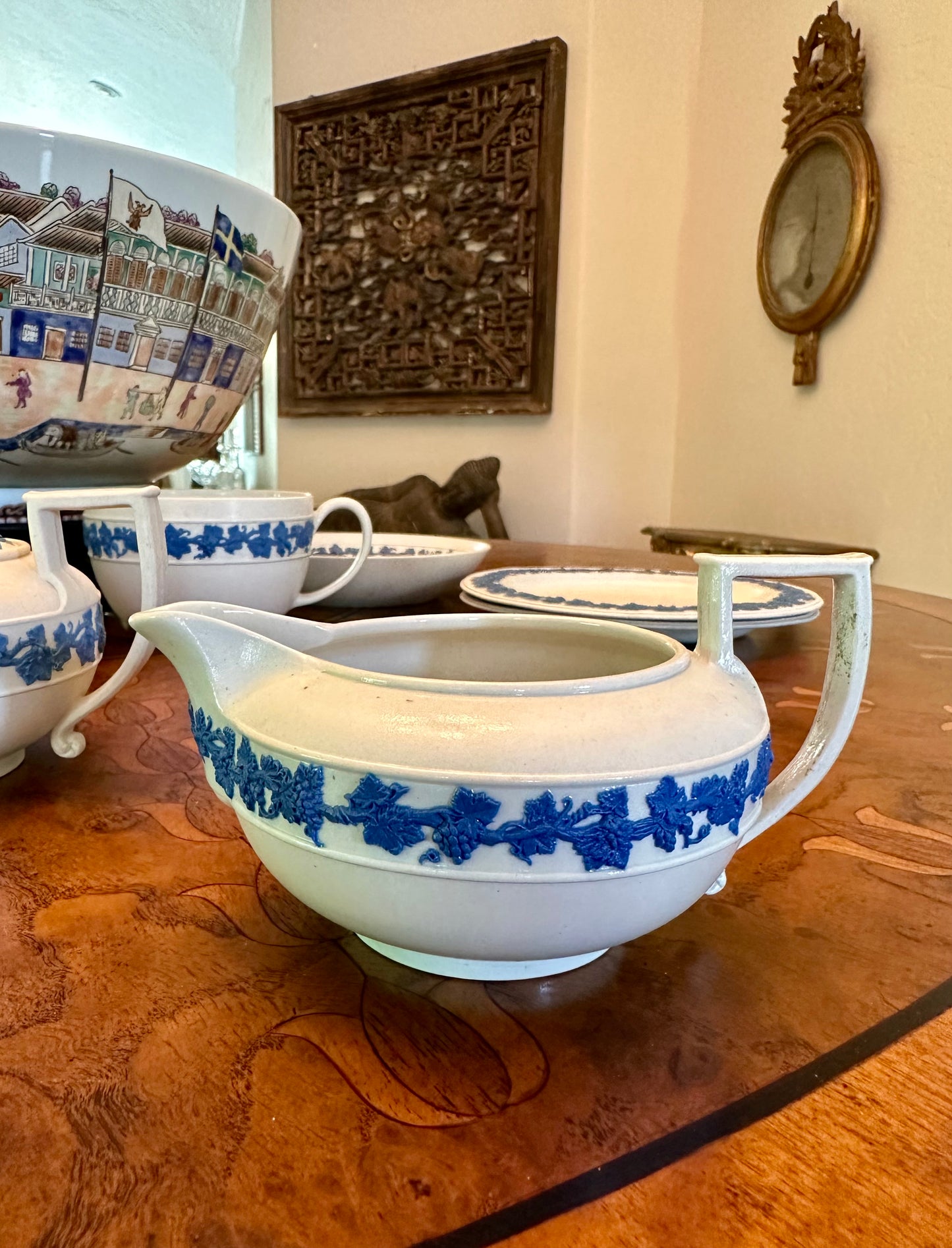 Antique Wedgwood Smear-Glazed Stoneware Egyptian Revival Creamer with Lavender Sprigged Grapes, c 1820-1840