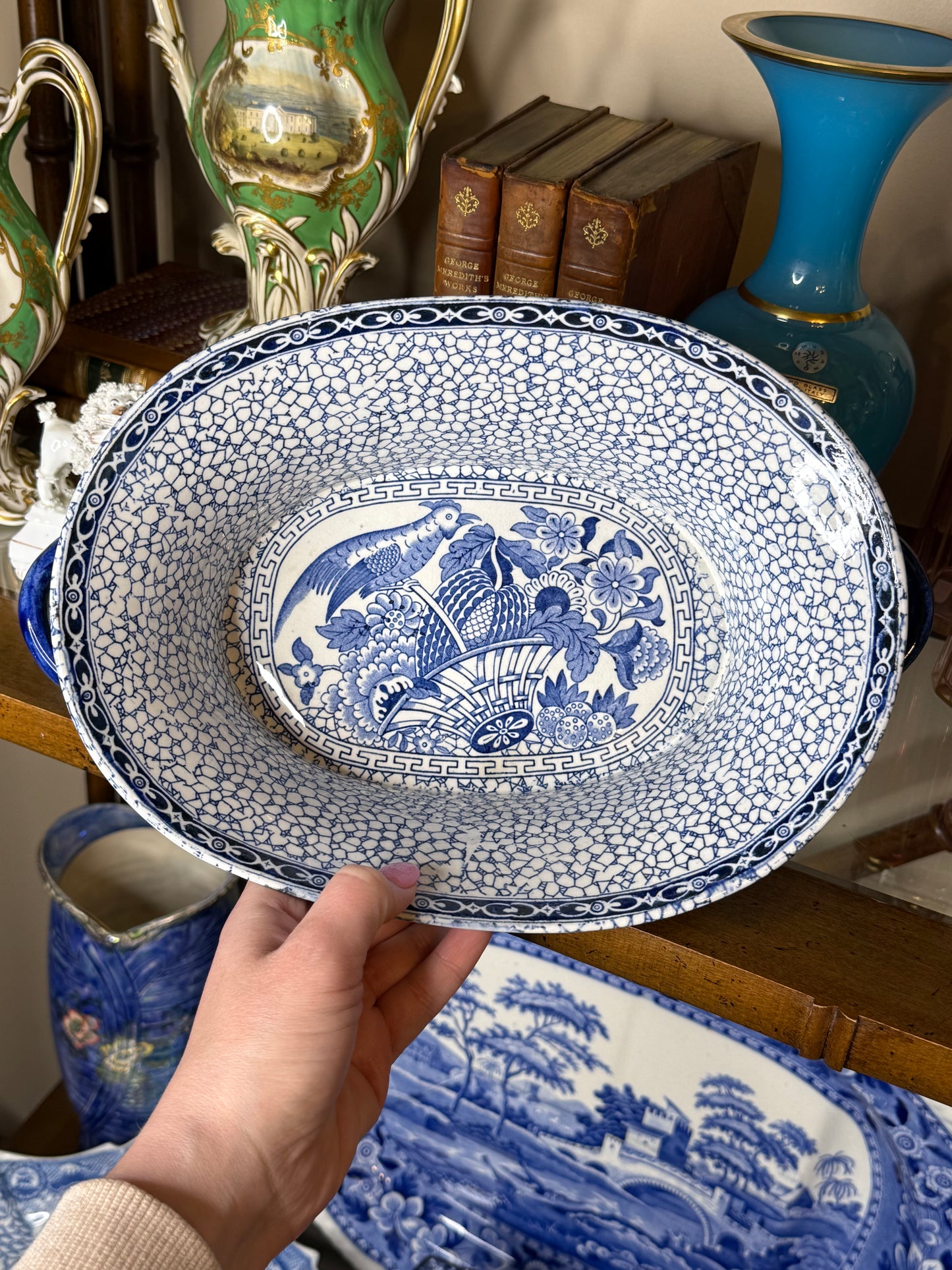 Adams Chinese Bird Pattern Chestnut Dish | Circa 1920 | 12" Handle to Handle x 8.75"D x 3.5"H | Style DA4513