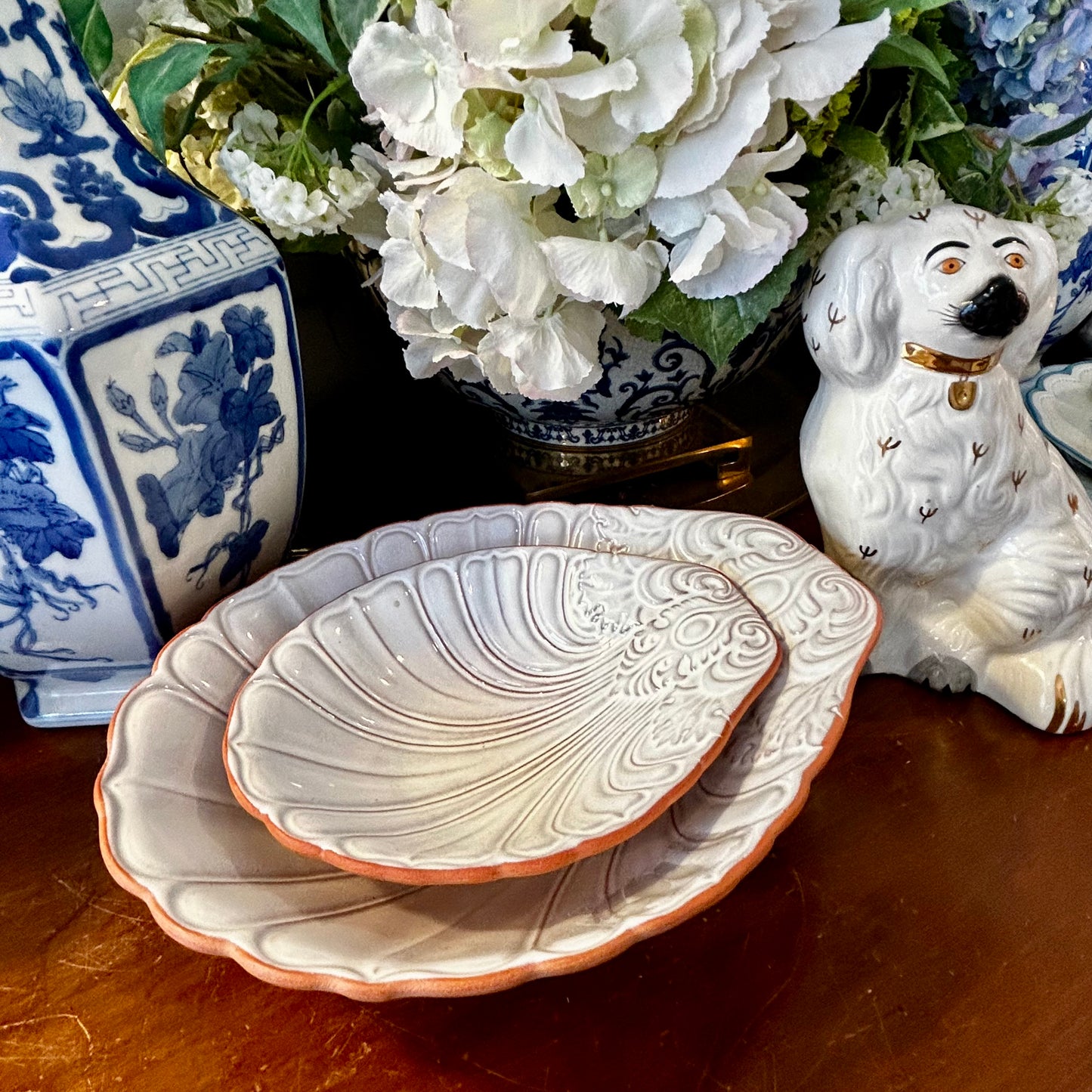 Set of two designer terra cotta clam shell bowls by Loneoak & Co.