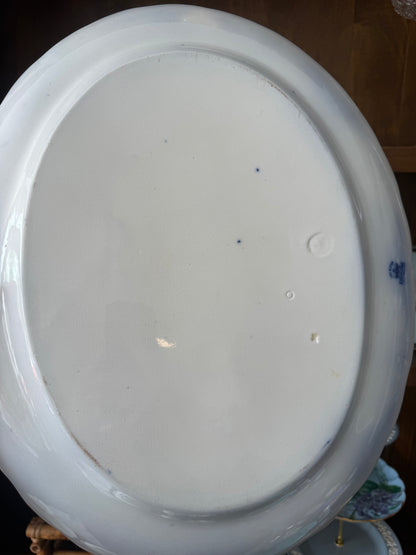 Antique English Flow Blue XL 19” Oval Transferware Platter with Hunt Scene & Floral Border –