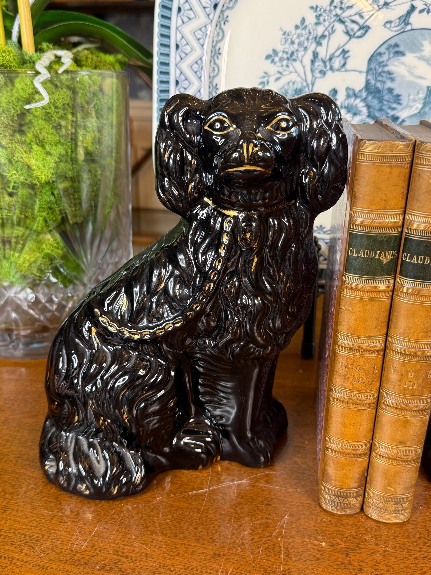 Antique Pair of 19th Century Black Jackfield Spaniels | Staffordshire Dogs | 9.5"H x 7"W x 3.5"D | #DA4506
