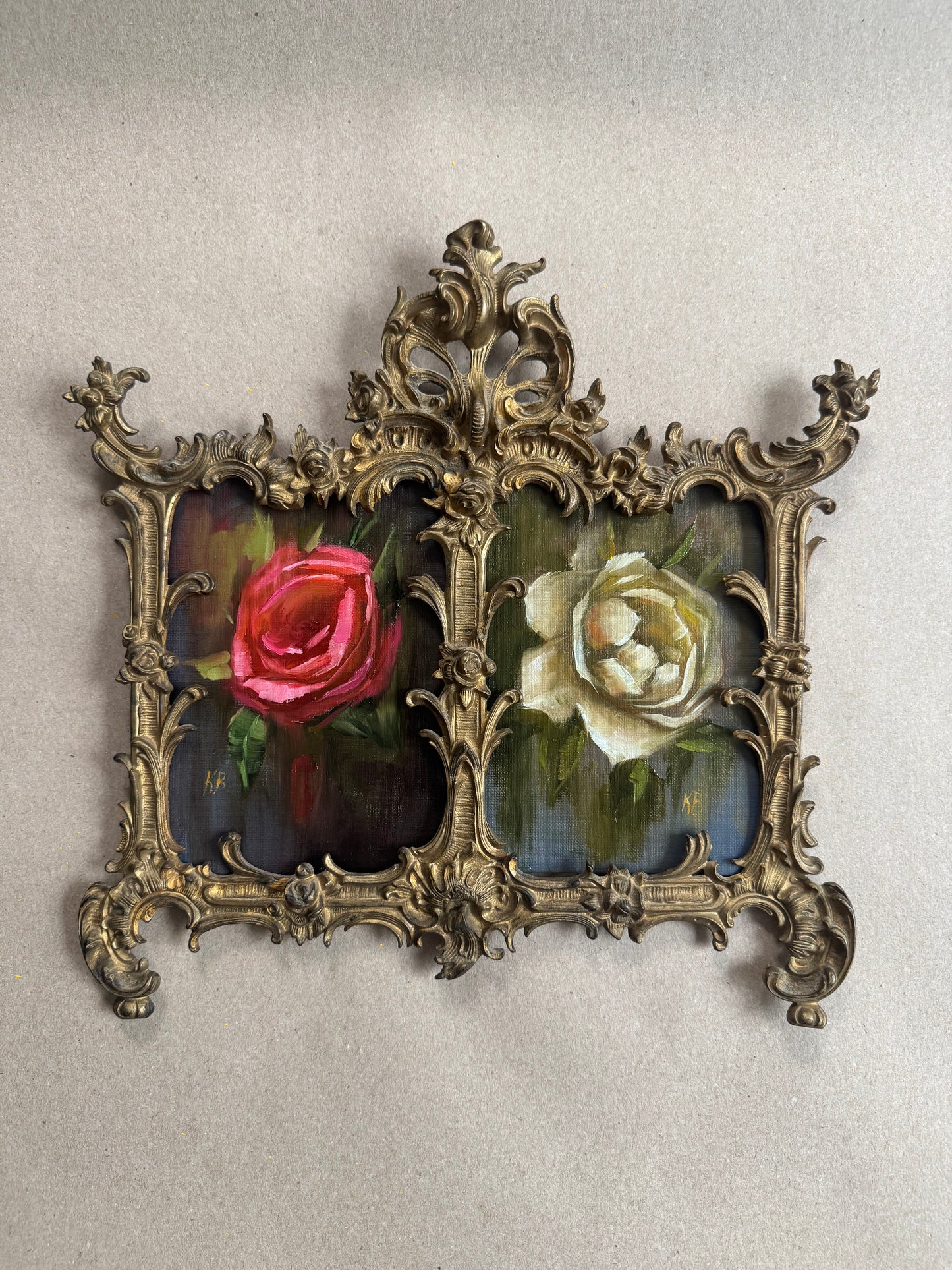 Red and white rose original oil on board in antique double frame￼