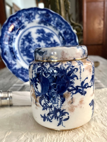 Live 09/22 Rare Surviver 1880s Doulton Burslem England Blue & White Gilt Biscuit Jar – Original Lid