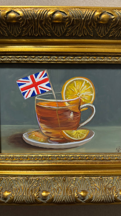 English Tea with Lemon Original Oil Painting in Ornate Gold Frame 9x11